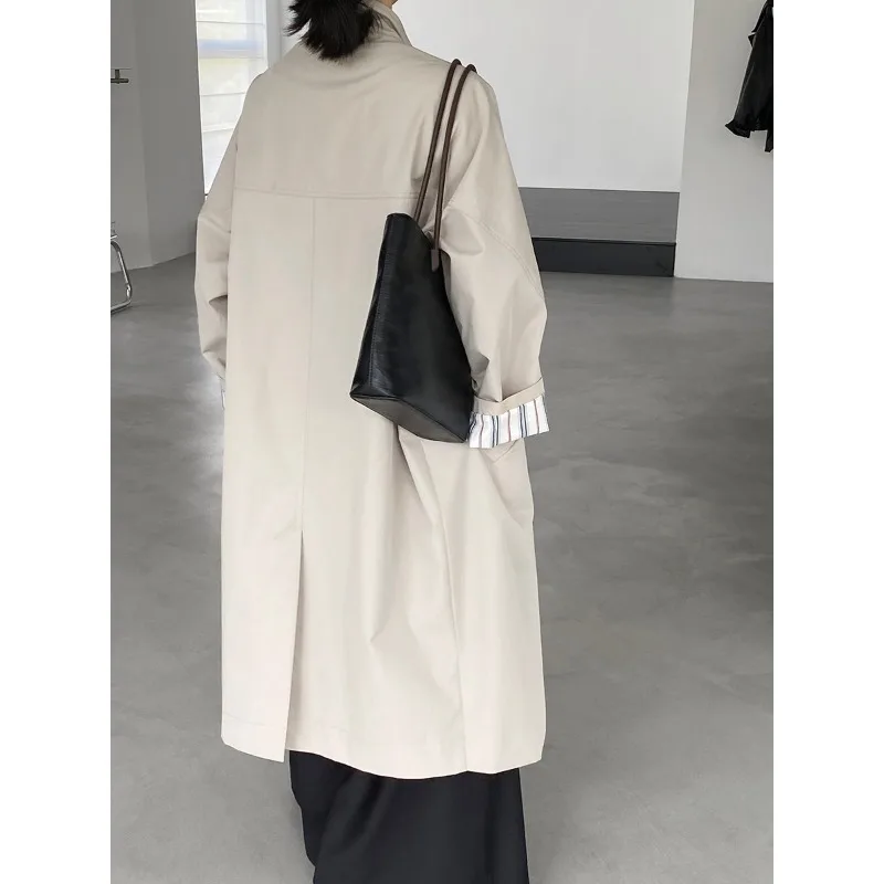 معطف طويل بزر واحد، بلوزة نسائية مخططة كبيرة الحجم ذات طبقات أنيقة