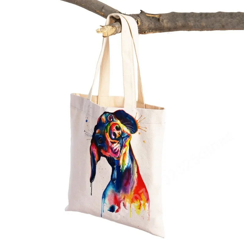 Women Cute Cartoon Pet Dog Shoulder Bags Eco Shopping Bag Canvas Tote Reusable Watercolor Animal Fashion Lady Shopper Handbag