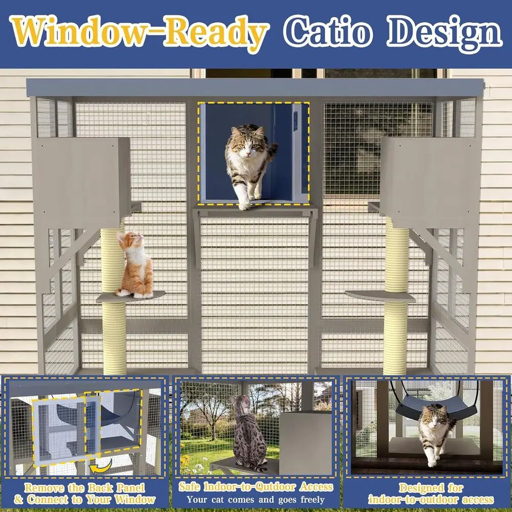 Walk-in Catio Outdoor Cat Enclosure or Multiple Cats | 4-Level Window-Contable Cat House, 7 Platorms, 2 Rooms, Hammock, Scratch