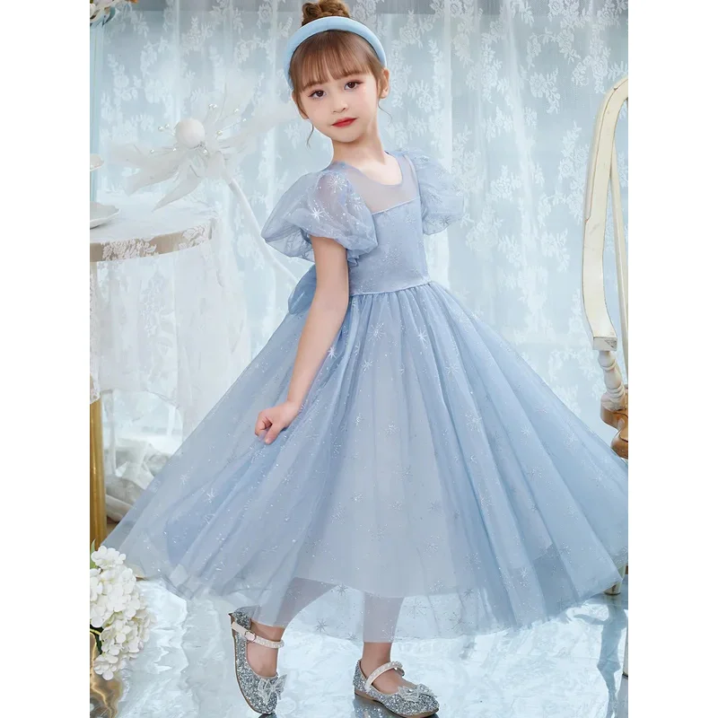 ใหม่ Elsa Light Blue Elegant ชุดเจ้าหญิงโบว์ใหญ่เด็กผู้หญิงเงาชุดผ้าพันคอสําหรับ Grand อย่างเป็นทางการพิธีวันเกิด Carnival Party