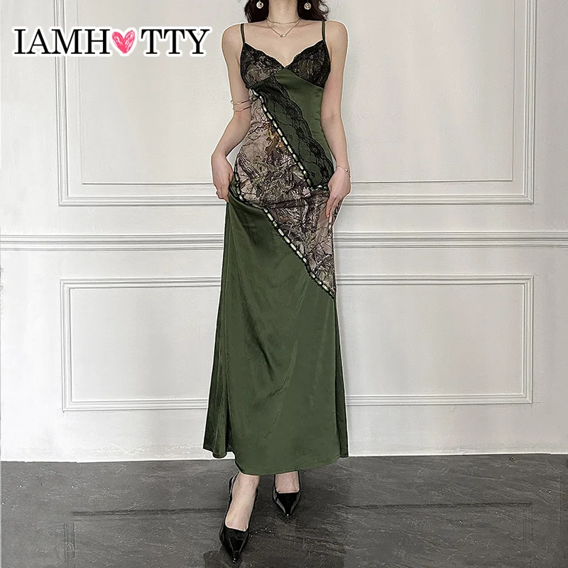 IAMHOTTY Vintage Floral Print Long Dress for Holiday Party Coquette Sexy Lace Patchwork Sleeveless Sundress Boho Robe Streetwear