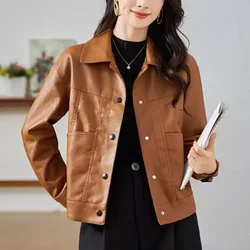 Vestes en cuir PU pour femmes, printemps, automne, Streetwear à la mode, revers simple boutonnage, CombSolid document Female Casual Slim Oupillar