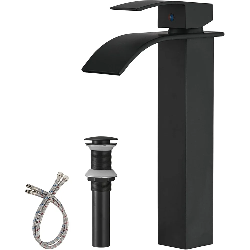 

Modern Matte Black Waterfall Vessel Sink Faucet, 1-Hole Single Handle with Pop-Up Drain (No Overflow)