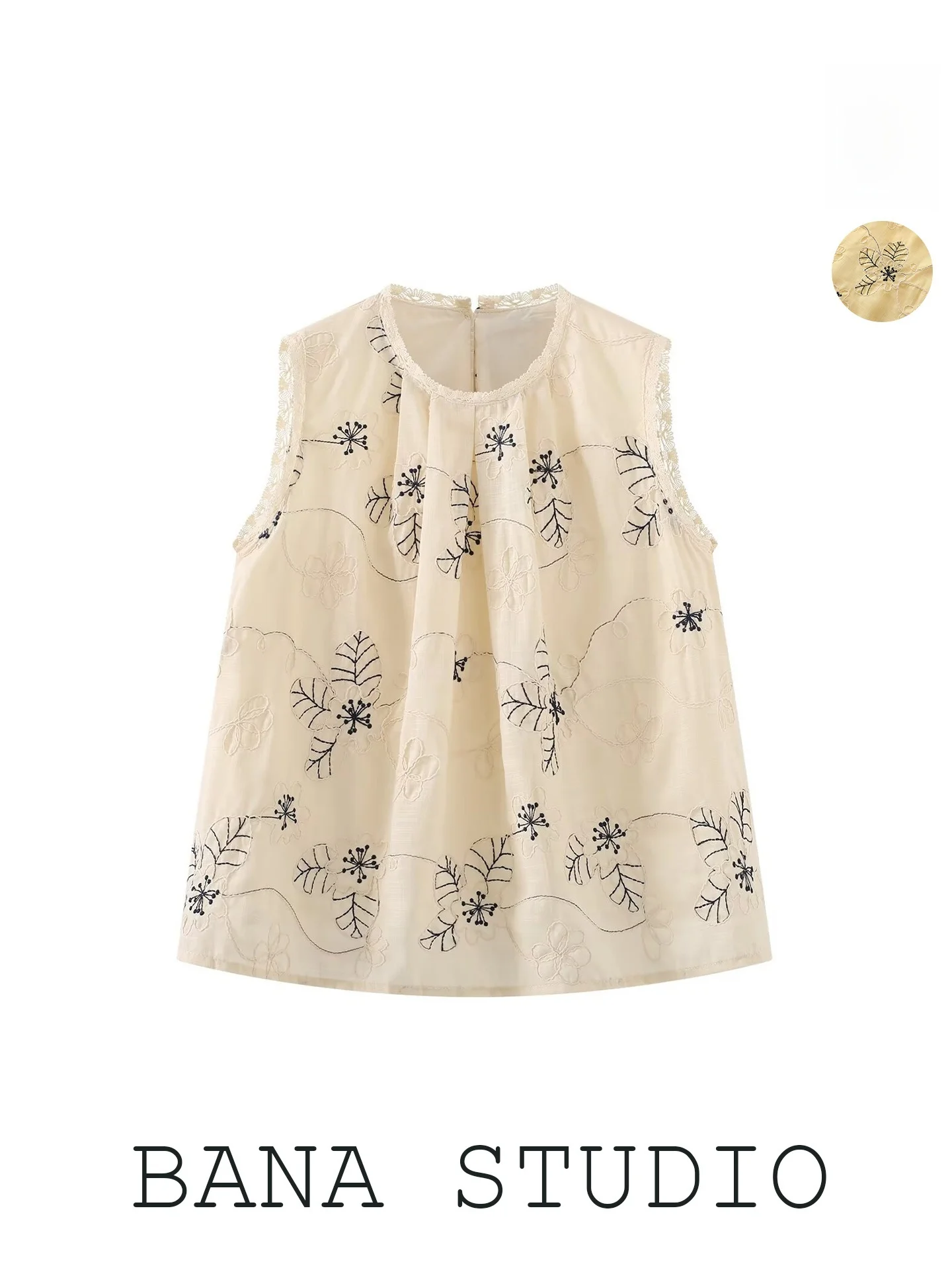 BANA Women's round Neck Sleeveless Embroidered Shirt Thin Summer Top A-Line Sweet Style Loose Fit Polyester Fabric