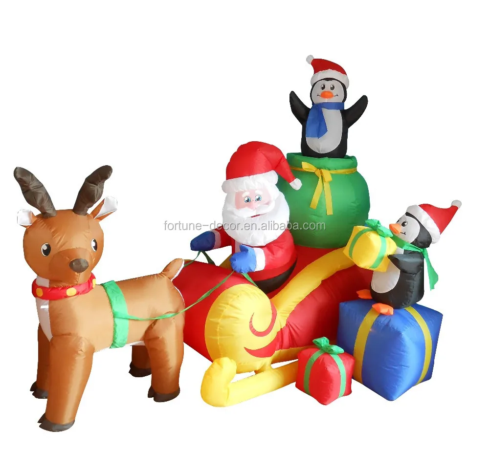 180cm Inflatable Reindeer Pull Sled with Penguin on Gift Bags and Santa Claus for Festive Christmas Decoration