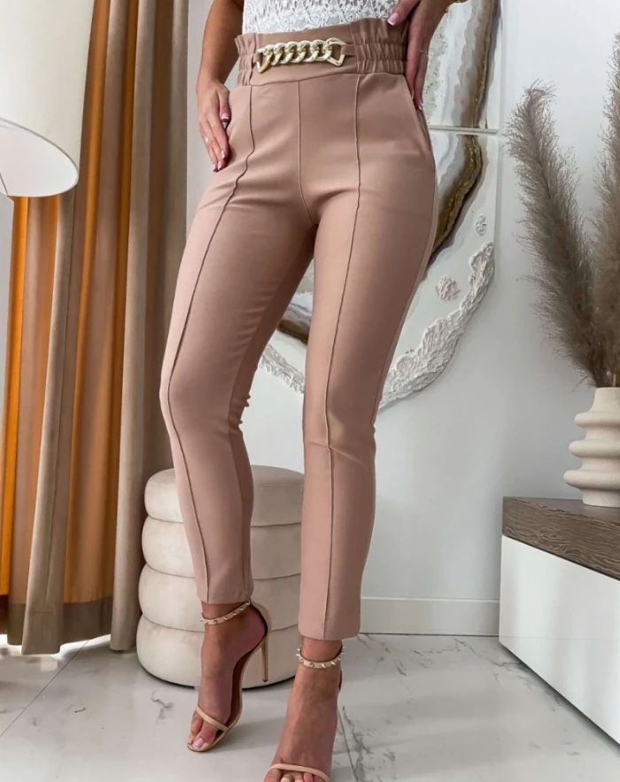 

Fashionable Autumn Pants Shirred Stretchy High Waist Skinny Pants Chain Decor Work Pants with Pockets Elegant Pants for Women