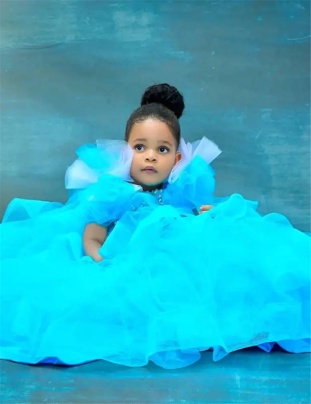 Cute Blue Princess Flower Girl Dress Ball Gown Tulle Ruffles Appliqued Little Girl Christmas Peageant Birthday Christening Dress