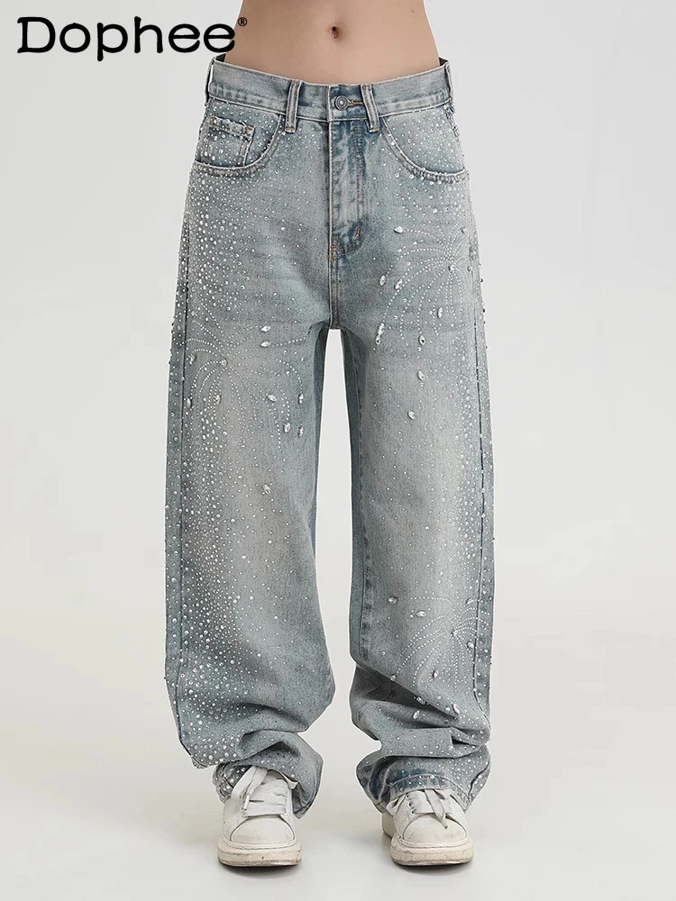 

American Style High Street Full Rhinestone Jeans Men Women 2025 Trend Stylish Loose Straight Leg Shiny Rhinestone Wide Leg Pants