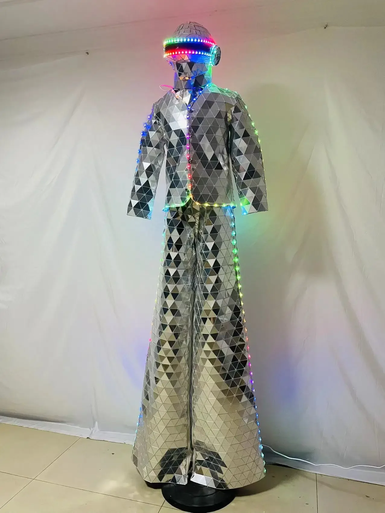 Silver Gold Mirror Show Suit Hand Sewn LED Stilts Walker Stage Performance Suit Dance Clothing for Party Nightclub