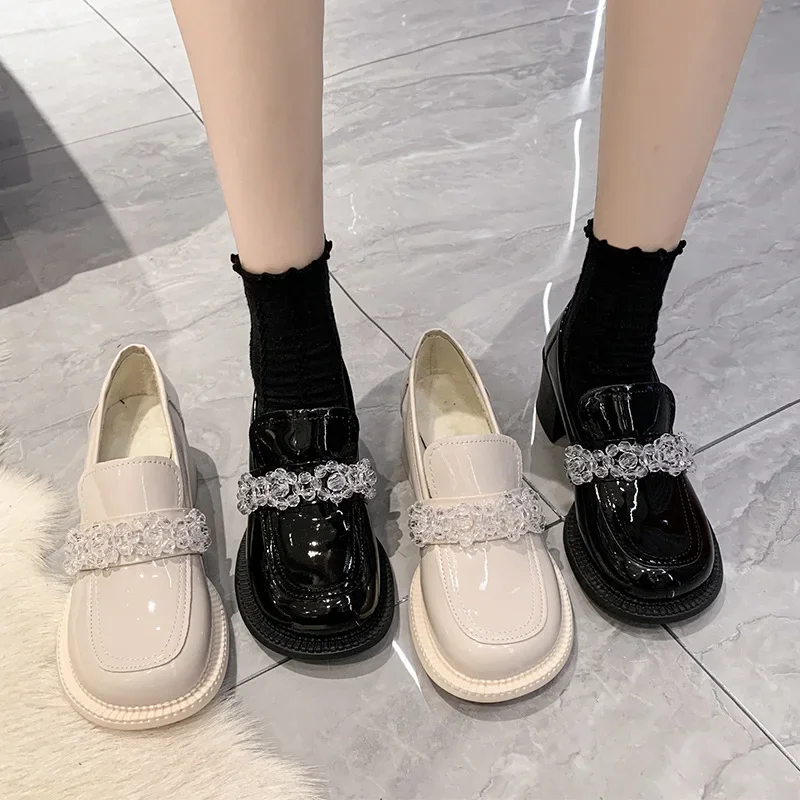 New Retro Women Mary Jane Round Toe Crystal Flowers Loafers Shoes Fashion Platform Chunky Heels Japanese School Uniform Shoes