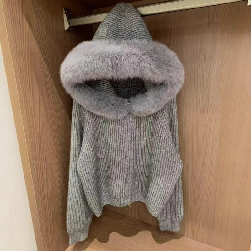 مقنعين انفصال كبير أفخم طوق سترة الخريف الشتاء طويلة الأكمام محبوك رقيق سترة المرأة الجديدة سستة سترة