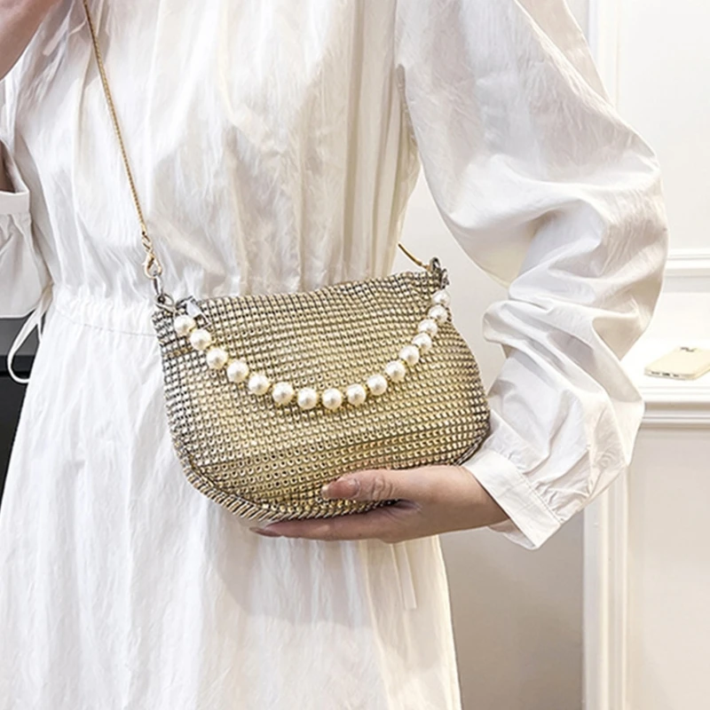 Shoulder Bag for Girl Women Pearl Handle Glittering Evening Bag Wedding Clutch Purse Cocktail Prom Handbag