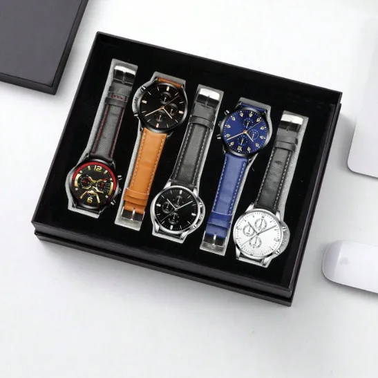

5PCS/Men's fashion quartz watch PU strap business gift box practical men's watch