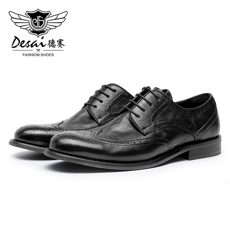 Desai leather high-end Derby soft sole British wedding leather shoes for men business Brogues for men Casual men\'s dress shoes