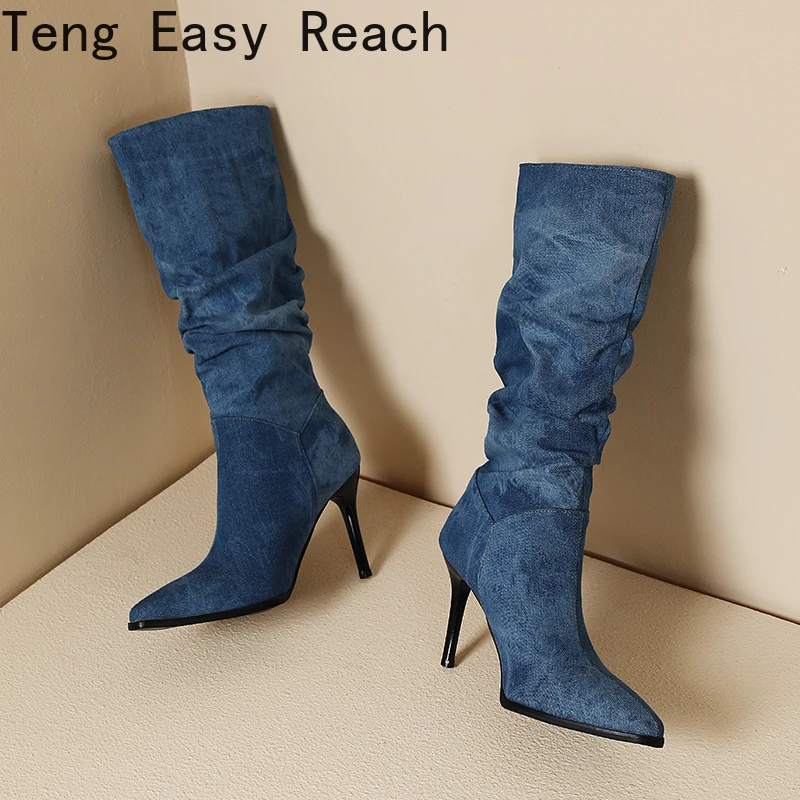 Blue Denim Knee High Cowboy Boots for Women 2023 Autumn Pleated High Heels Long Boots Woman Stiletto Heeled Jeans Botas Shoes