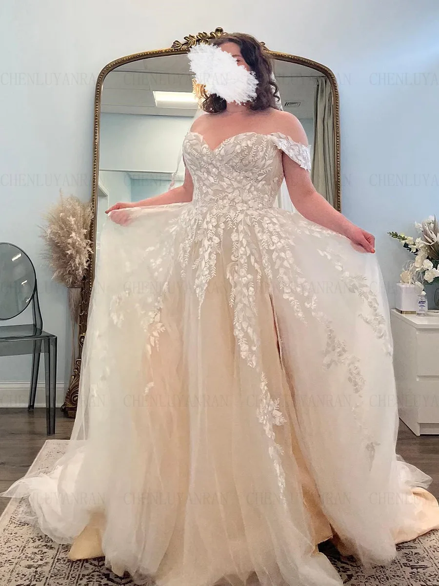 Champagne Fashion Wedding Dresses Applique Off-Shoulder A-Line Bride Gowns Sweep Train Sexy Dress For Women 2025 Robe De Mariée