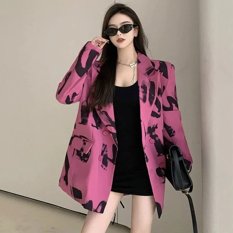 Korean Loose High Street Lady Blazer Coat Spring Autumn New Casual Letter Printed Suit Jacket Women Fashion Loose Outerwear