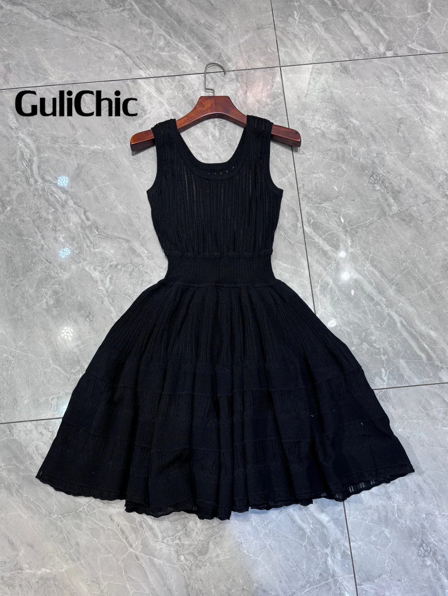 5.11 GuliChic 2024 New Arrives Women\'s Sweet Fashion Openwork Crinoline U-Neck Sleeveless High Waist Slim Elegant Mini Dress