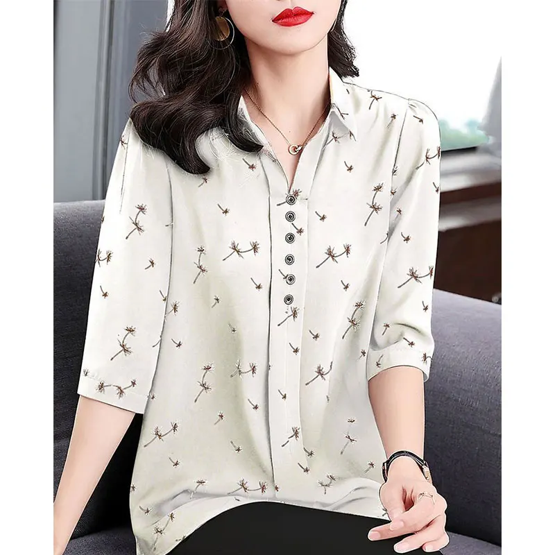 Women Summer Simplicity Fashion Elegant Turn-down Collar Shirts Women Clothes Casual Trend Floral Casual Loose Temperament Tops