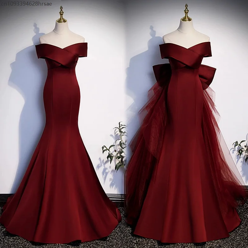 

Goddess Cosplay Elegant Off Shoulder Wine Red Trumpet Long Dresses Back Big Bow Detachable Mesh Tail Slim Evening Dress