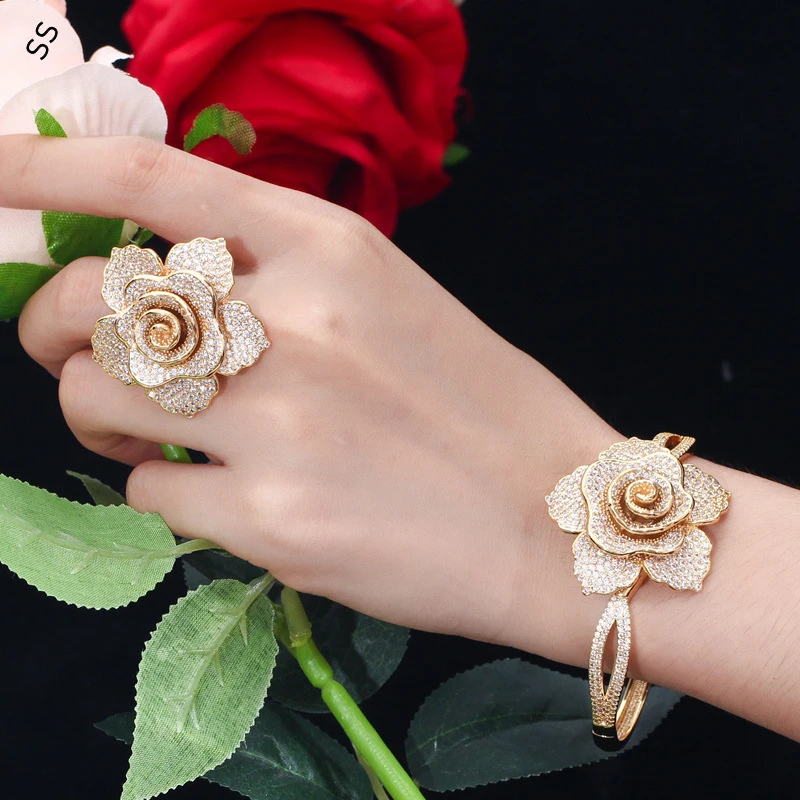 Fashion Creative Jewelry 2 Piece Sets for Girl Trendy Rose Design Bracelet Ring Inlaid Full Diamond Gemstone Hand Accessories