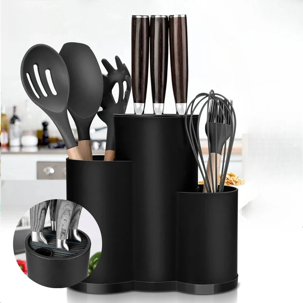 2/3-in-1 Plastic Safety Universal Knife Holder with Drainer Storage Box Spoon Forks Tableware Holder Kitchen Organizer Rack