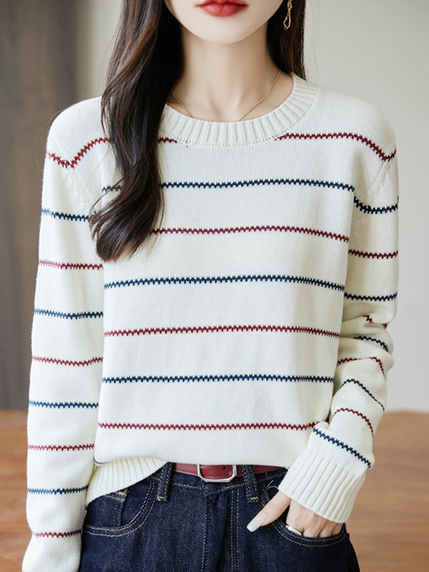 

100% хлопковая трикотажная кофта в полоску для женщин, весна-осень, свободная, утолщенная, с круглым вырезом, с длинным рукавом, комфортная и мягкая