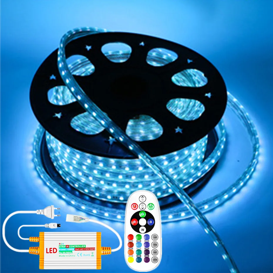 

Водонепроницаемая светодиодная лента RGB 220В 5050 SMD, 10м/30м/50м, гибкая, для наружного использования, 1500Вт, с блоком питания EU