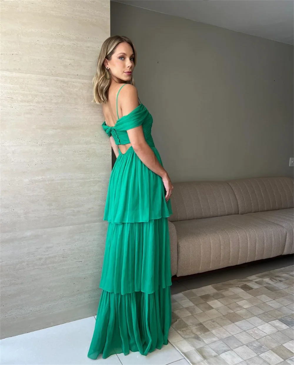 Jessica Elegant Ladies Off-shoulder Prom Dresses Green A-shaped layering Evening Dresses Wedding Party Dress Robes De Soirée