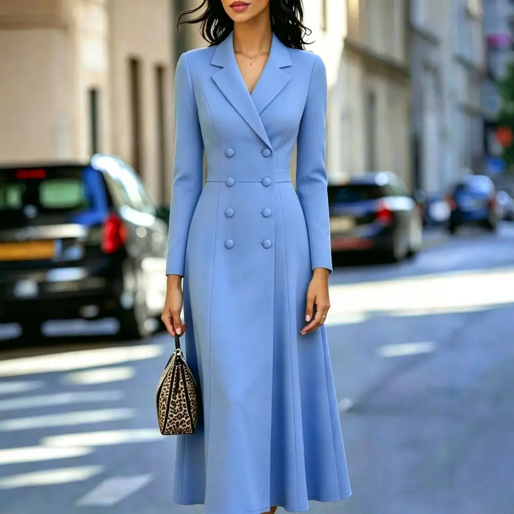 Chic Double Breasted Blazer Dress Women Long Sleeve Slim Fit High Waist Long Dresses Elegant Professional Office Outfit
