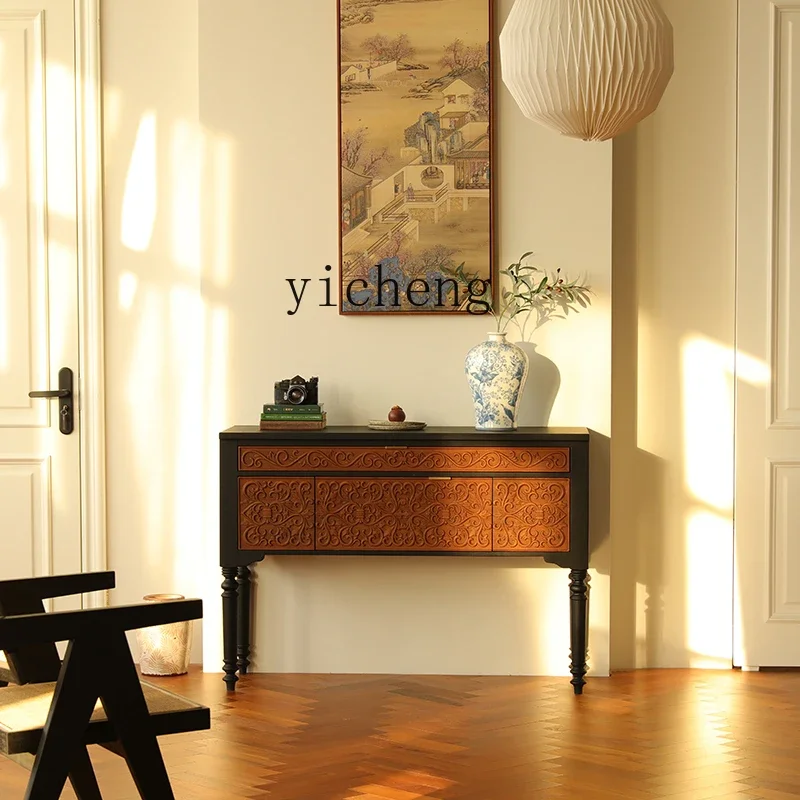G1 living room porch cabinet entrance door solid wood display cabinet contrasting color desk table retro style