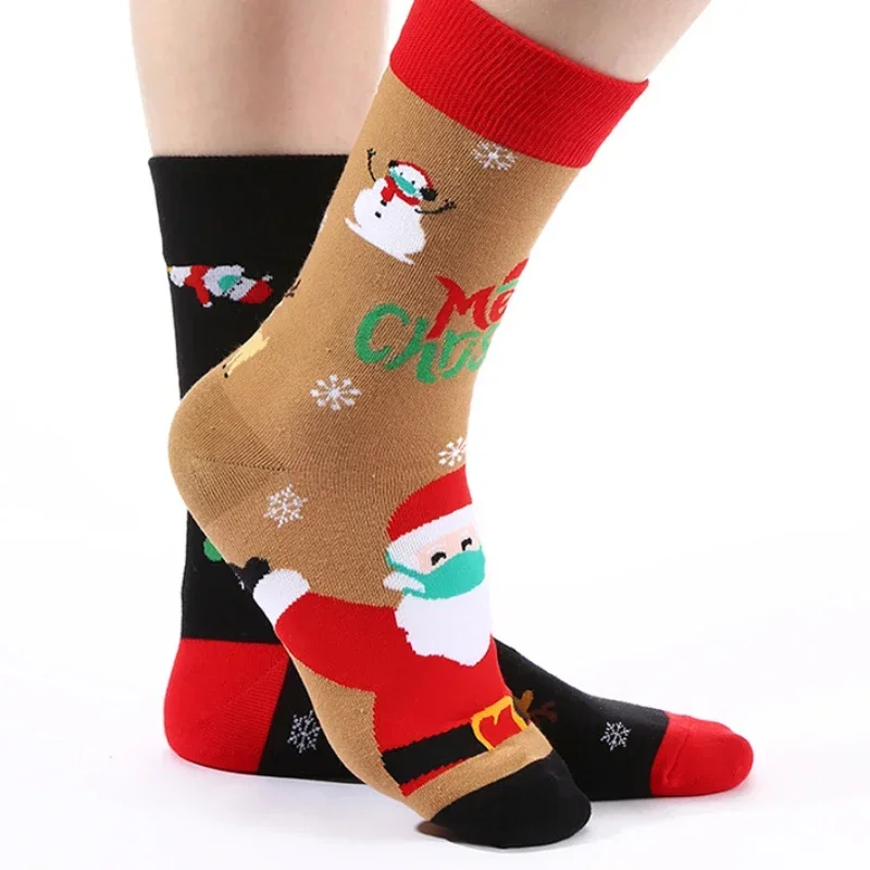 Calcetines de algodón asimétricos AB para hombre y mujer, medias de manga media con personalidad, a la moda, con estampado de hamburguesa, cerveza, Papá Noel, novedad de otoño e invierno