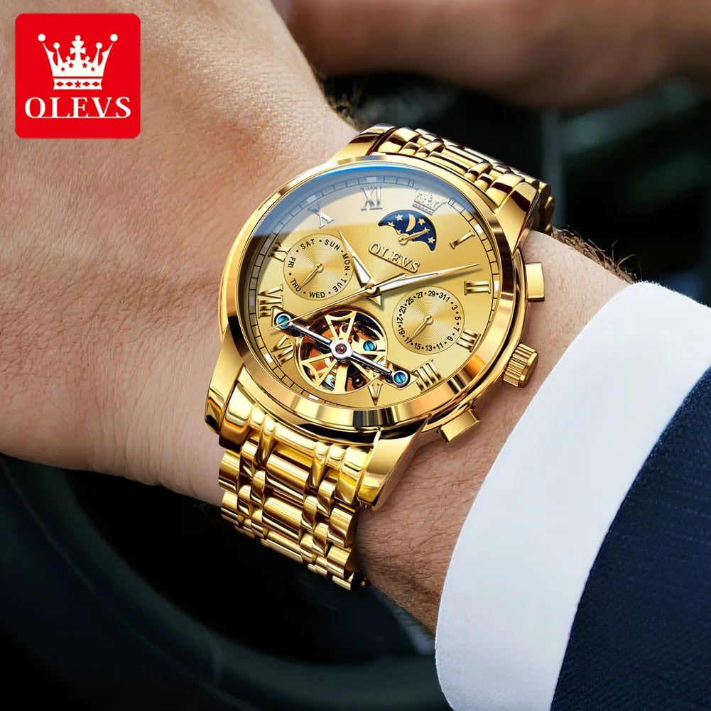 OLEVS 6617 Men Watch Tourbillon Multi functional Chronograph Moon Phase Waterproof Watch Luxury Men Automatic Mechanical Watch
