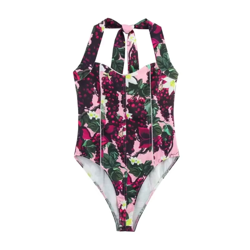 

Printed Halter Bodysuit Women Slim Camisole With Neck Ties Back Zipper Female Chic Tops