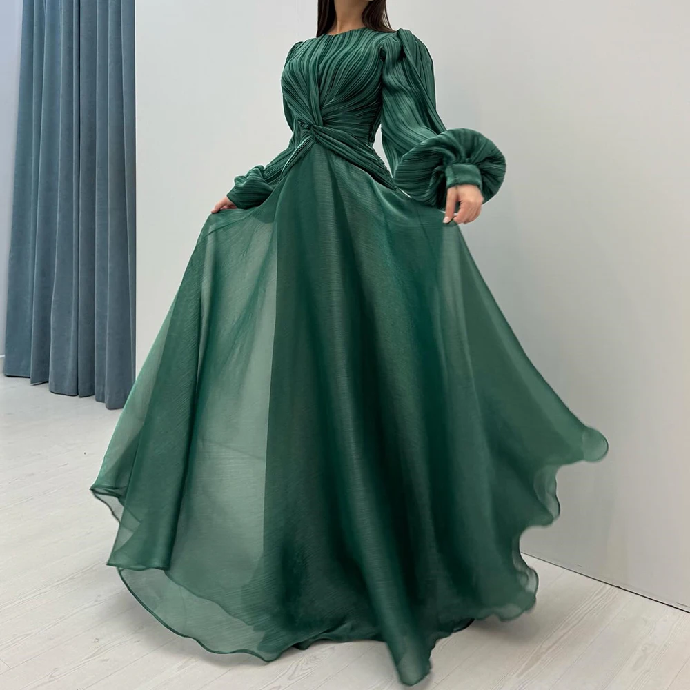 

Customized A-line Evening Dresses Floor-length O-neck Full Sleeve Prom Gown Fashion Pleat Simple Draped Casual Party Gown