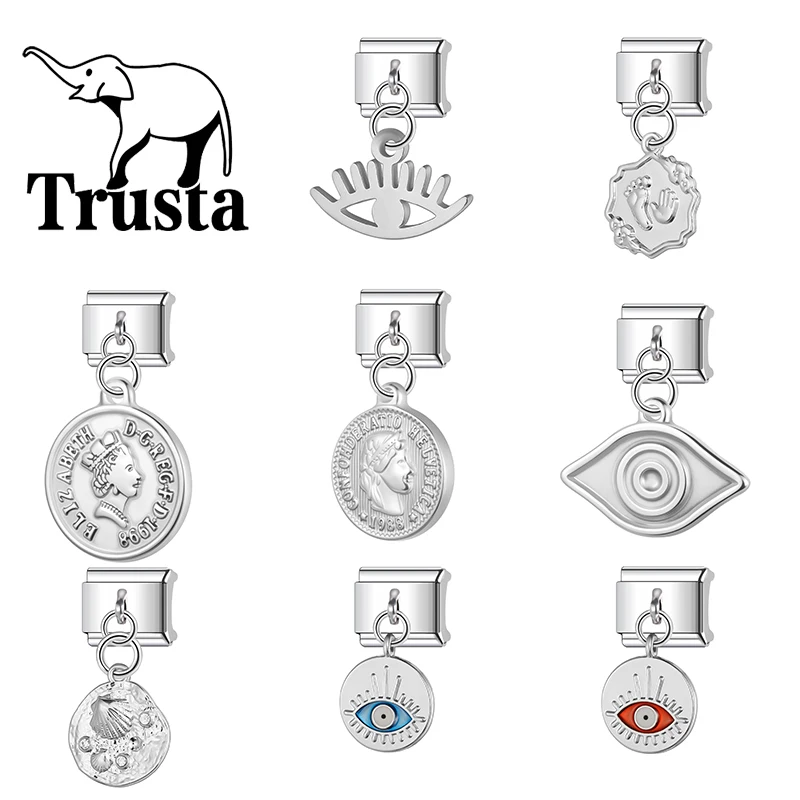 Trusta 2026 Simple Silvery Eye flower Patterned Italian bracelets charms Pendant DIY Making Gifts Stainless Steel Fashion N647