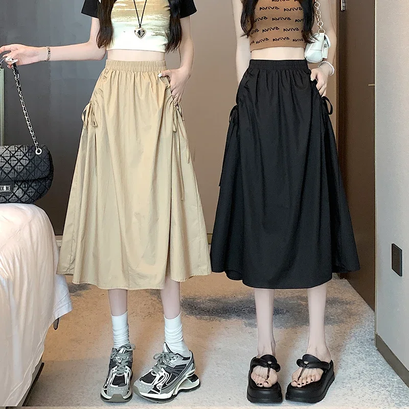 Drawstring Pocket Mid Skirts for Women Spring Summer Elastic High Waist Solid Color Skirts Fashion All-Match Loose A-line Skirts