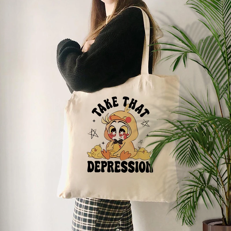 

Halloween Lucifer Take That Depression Hazbin Hotel pattern Tote Bag Canvas Shoulder Bag Hazbin Hotel Anime lover gift for her
