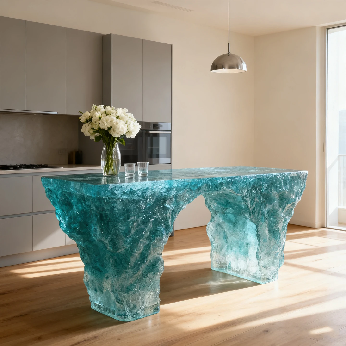 *Luxury Transparent Resin Wave-Shaped Contemporary Dining Table Glowing Artificial Crystal Island Bar Counter for Villa Hotel