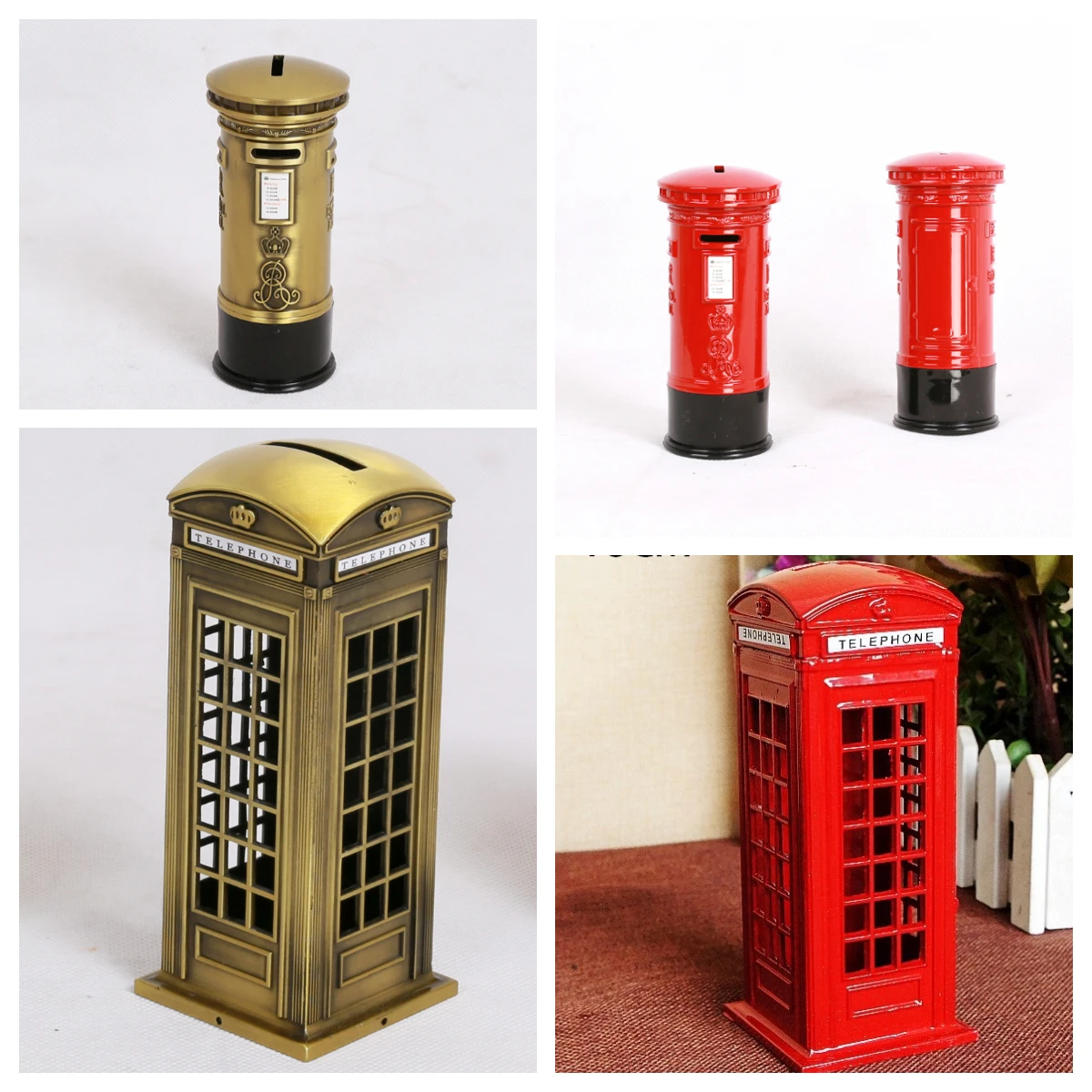 Vintage London Mailbox Children's Piggy Bank Creative British Telephone Booth Metal Model Photography Props Home Decor Ornaments