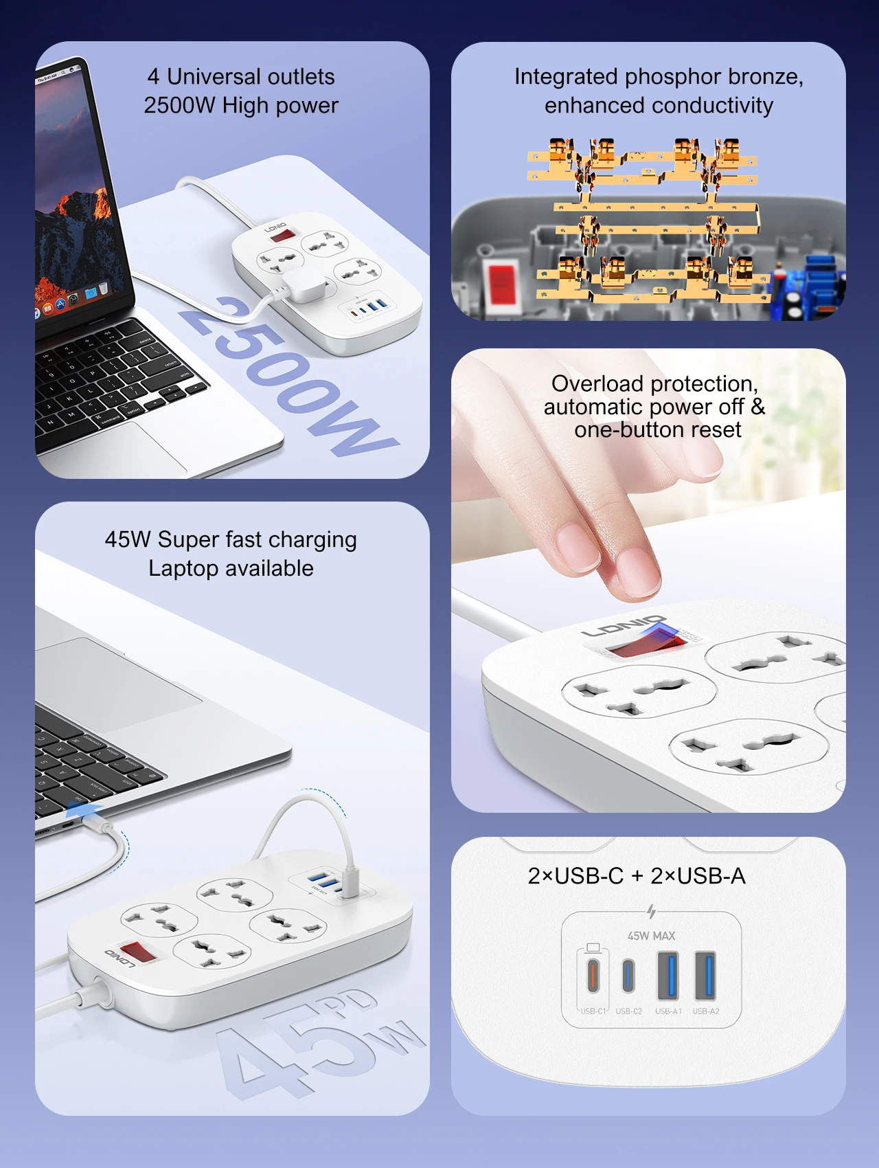LDNIO 4 منافذ قطاع الطاقة العالمي مع 45 واط PD USB C شحن سريع 2 متر تمديد كابل عرام حامي الاتحاد الأوروبي الولايات المتحدة المملكة المتحدة التوصيل المقبس