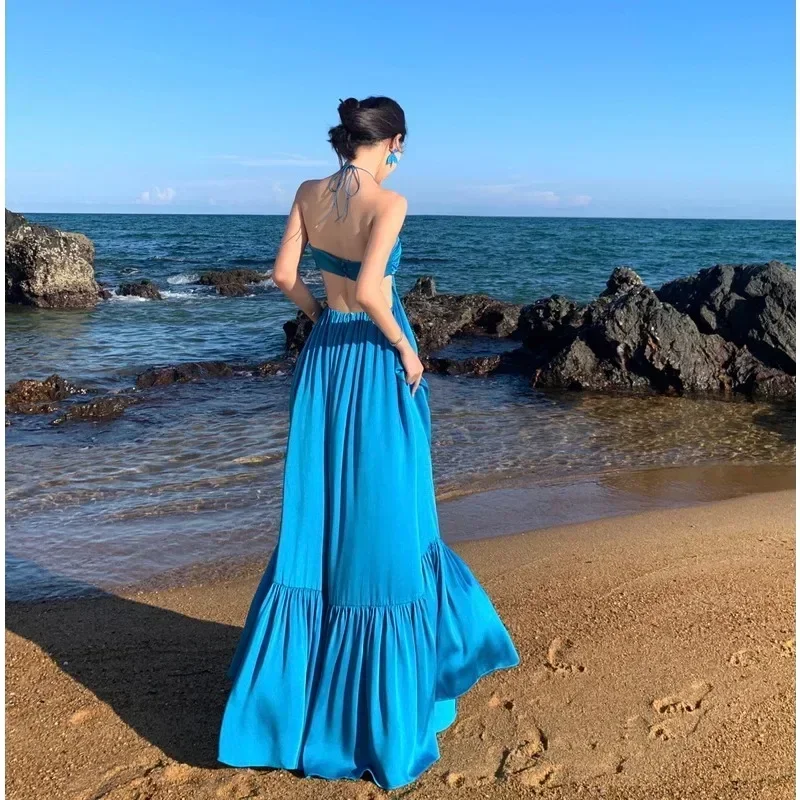 

Summer New Bohemian Beach Halter Satin Dress 2024 Midi Elegant Ladies Prom Dress Women's High Quality Blue Clothing Vestidos