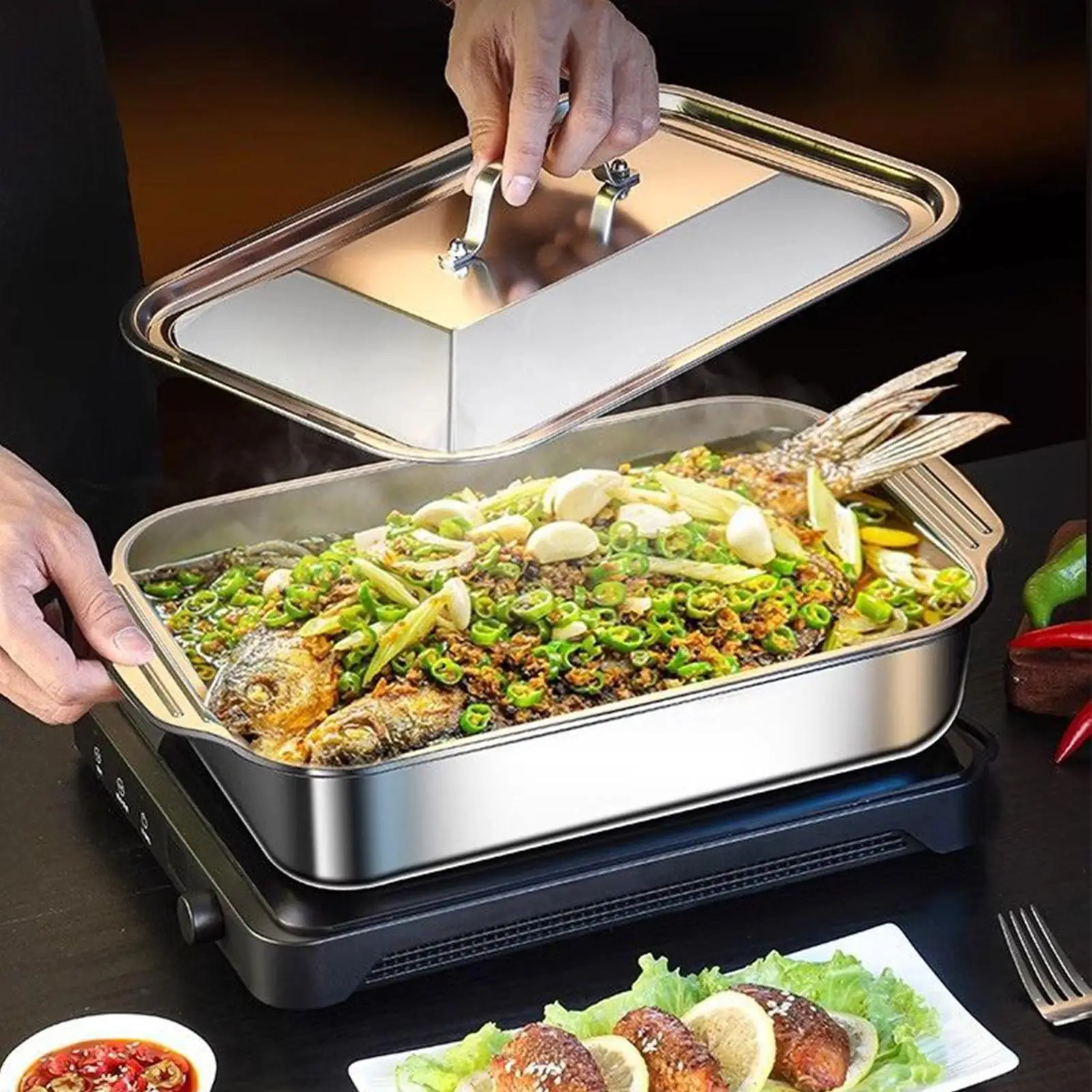 

Stainless Steel Grilled Fish Tray BBQ Tray Nonstick Deep Baking Pan with Lid Fried Beef Seafood Plate Easy To Clean Kitchen Tool