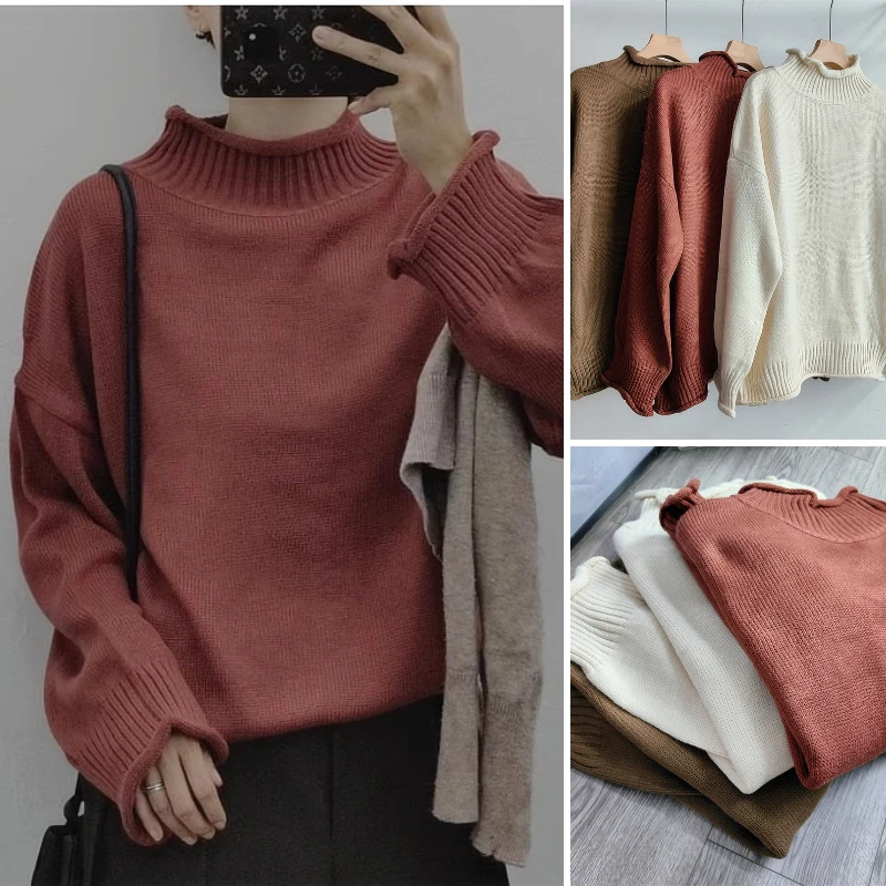 

Ladies Thiened High Collar Loose Knitted Sweater Lazy Sle Winter Outerwear Versatile Daily Long Sve Mid-Length Coat
