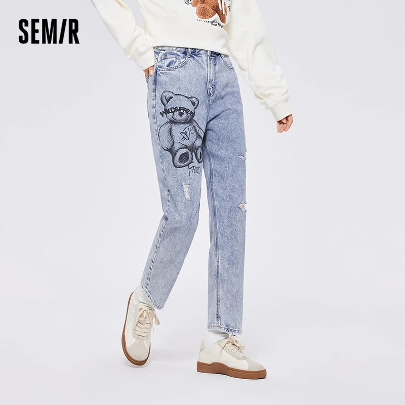 Semir Jeans Women Blue Design Bear Trousers 2022 Autumn New Cotton Frayed Loose Tapered Demin Pants