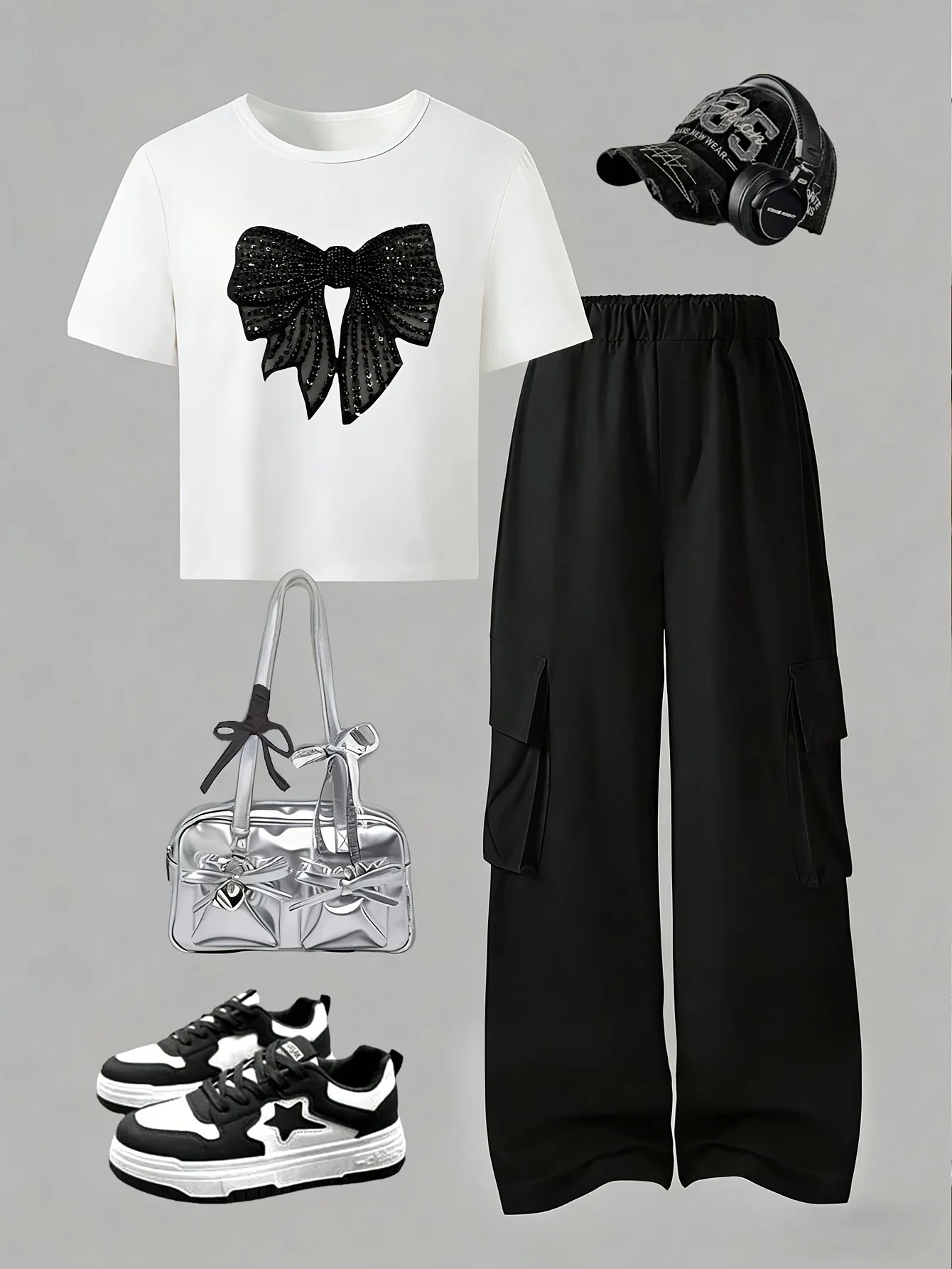 Zweiteiliges Freizeitset für Mädchen: ein stilvolles, sportliches Strick-Crop-Top mit Pailletten- und Schleifenmuster, kombiniert mit vielseitigen Cargohosen. – Detail 3