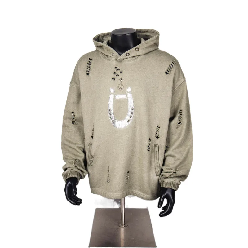 

THUG CLUB Street Hip Hop Washed Ripped Leather Embroidery Loose Unisex Hoodie Youthful Casual Long Sleeve Cotton Sweatshirt