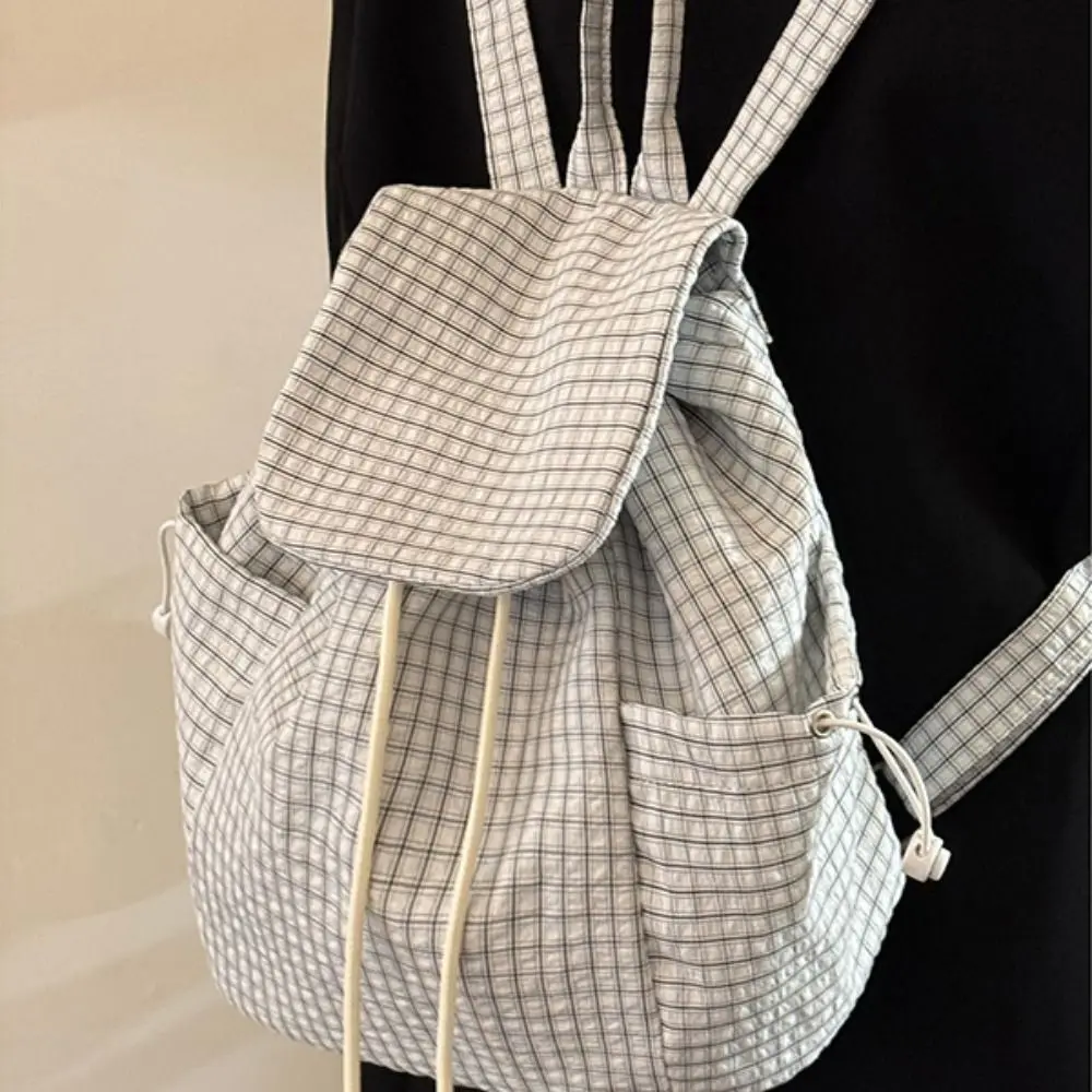 Solid Color Drawstring Backpacks Canvas Light Weight Plaid Nylon Backpacks Korean Large Capacity Student Schoolbag Teenagers