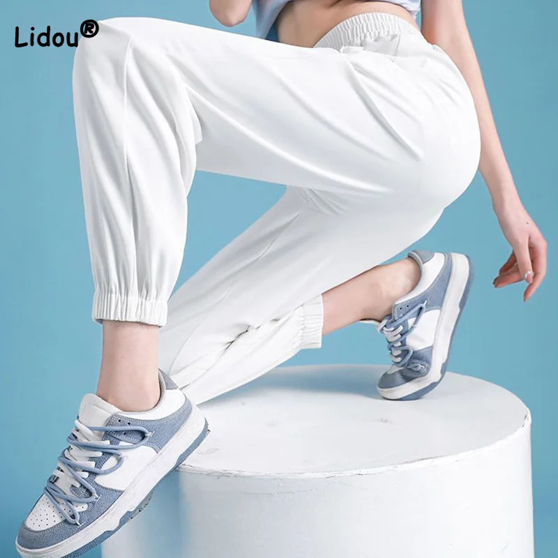 Summer Ice Shreds Black and White Ventilate Bind Foot Sports Pants Fashion Loose Buttock Lifting Harem Nine Points Trousers Lady