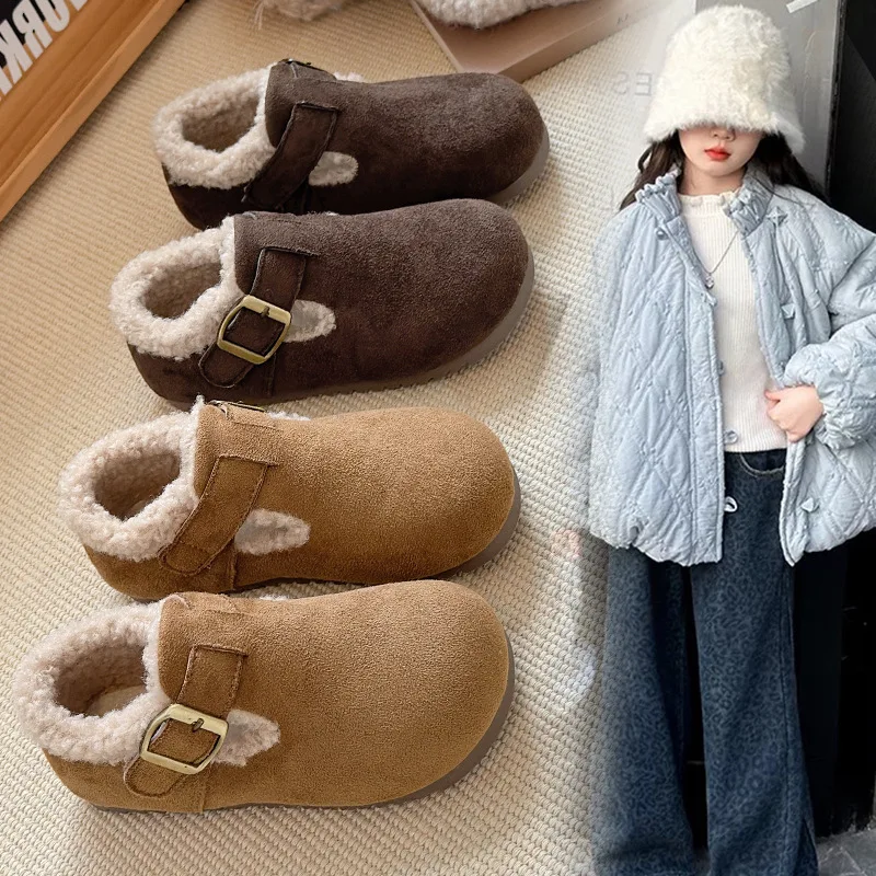 Children Flat Shoes Suede for Winter Kids Non-slip Soft Sole 2026 Brand New Boys Girls Leather Shoes Warm Retro Trendy